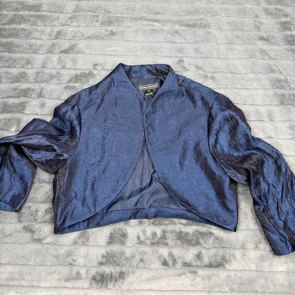 Jessica Howard Womens 12P Navy Blue Metallic Shimmer Bolero Cropped Shrug Jacket